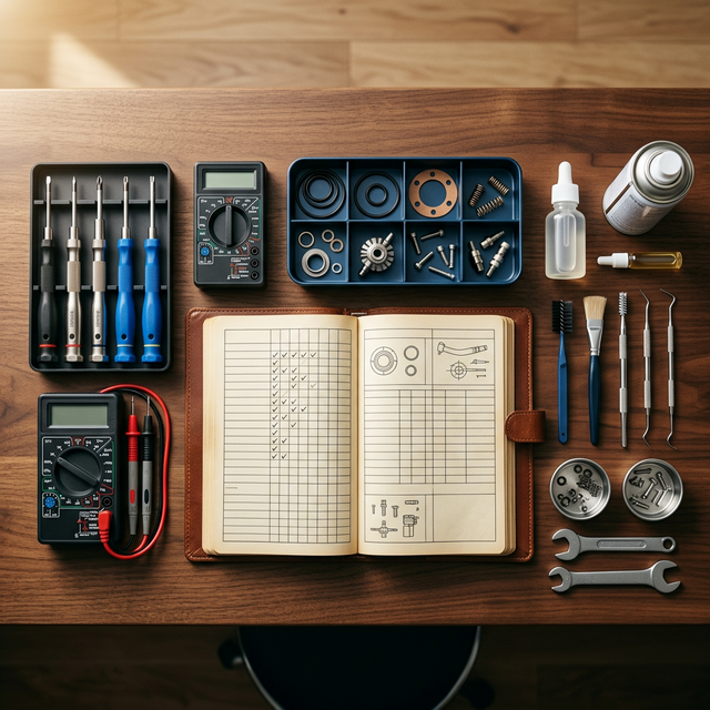 Dụng cụ bảo trì thiết bị nha khoa gồm đồng hồ đo, tuốc nơ vít, và sổ ghi chép