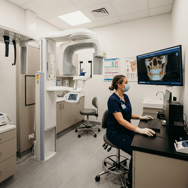 Máy chụp CBCT nha khoa với hình ảnh 3D xương hàm trên màn hình