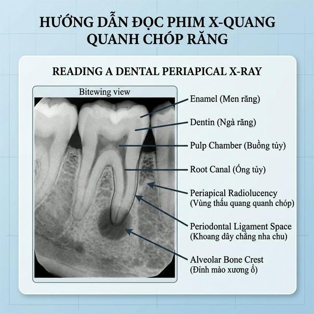 Hướng dẫn đọc phim X-quang quanh chóp nha khoa với chú thích các cấu trúc giải phẫu